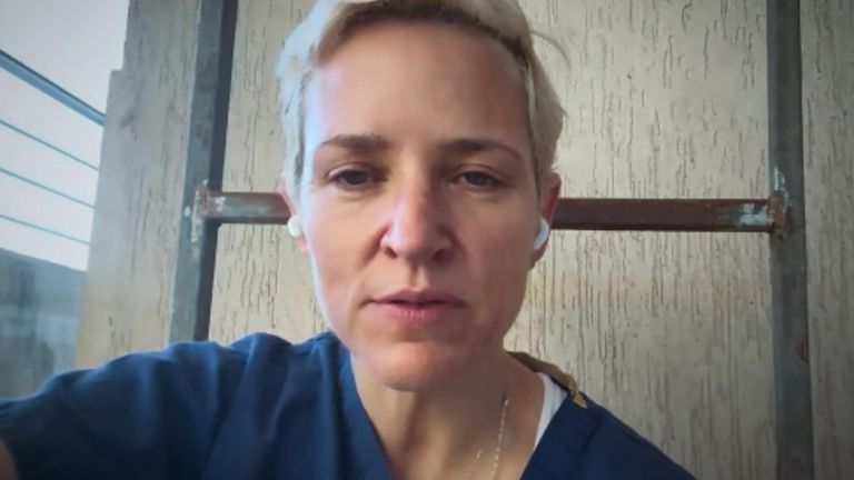 Dr Victoria Rose in Gaza, speaking to Sky's Alex Crawford