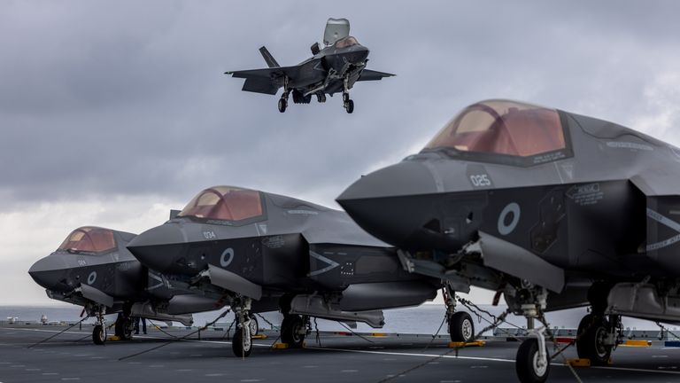 Undated handout photo issued by Minstry Defence of a F-35 Lightning jet lands back on HMS Prince of Wales during its Carrier Qualifications while on Operation Highmast, an eight-month deployment to the Indo-Pacific region. Issue date: Monday April 28, 2025. PA Photo.  Photo credit should read: AS1 Amber Mayall RAF/PA Wire ....NOTE TO EDITORS: This handout photo may only be used in for editorial reporting purposes for the contemporaneous illustration of events, things or the people in the image or facts mentioned in the caption. Reuse of the picture may require further permission from the copyright holder. ..                                                                                                                                                                                                                                                                                                                                                                                                                        