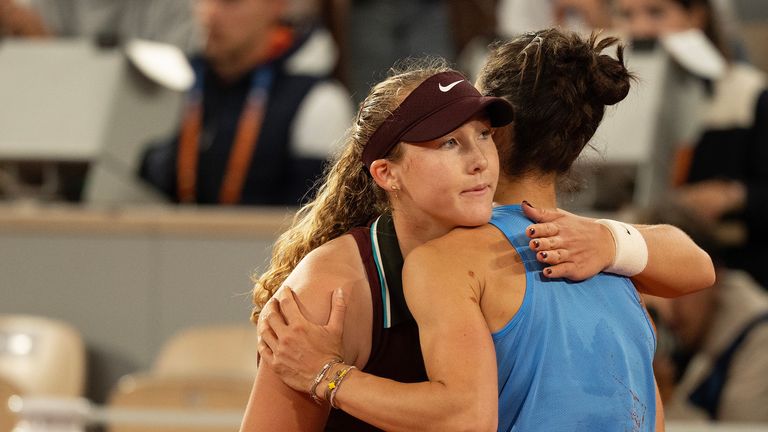 Jun 4, 2025; Paris, FR; Lois Boisson of France with Mirra Andreeva after their match on day 11 at Roland Garros Stadium. Mandatory Credit: S