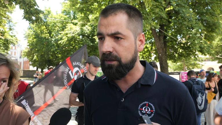 Gabor Kelemen, a member of the 64 Counties Youth Movement - speaking at a pride march in Budapest, Hungary. 