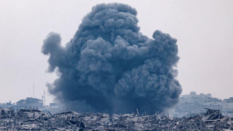 Smoke rises from Gaza after an explosion. Pic: Reuters
