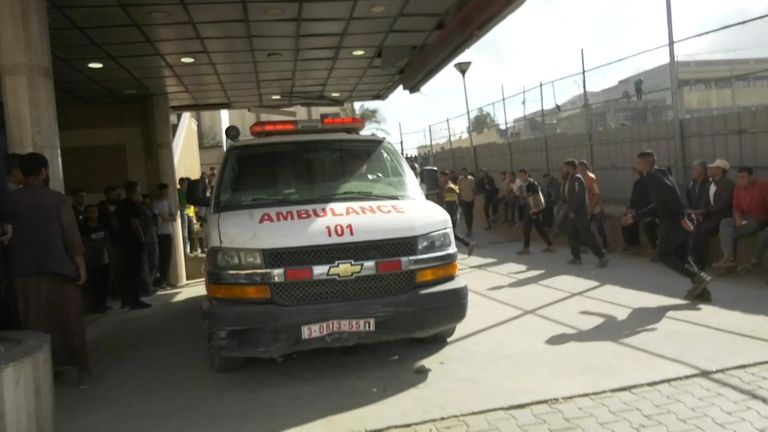 An ambulance outside Nassar hospital in Gaza, where people allegedly injured by Israeli fire were taken