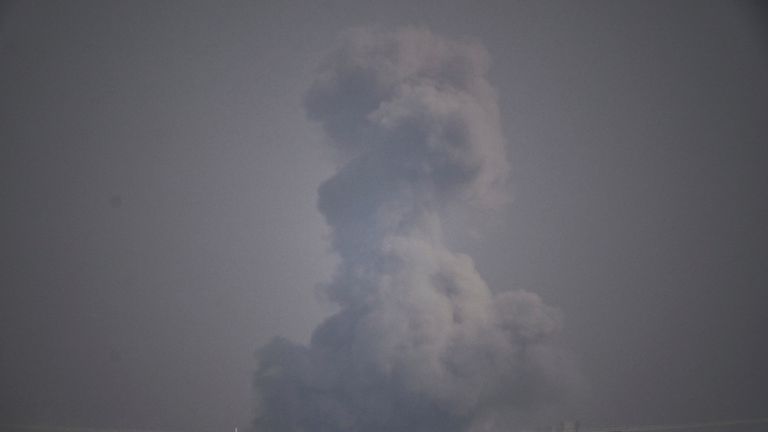 Smoke rises to the sky following an Israeli strike in the Gaza Strip as seen from southern Israel, Friday, June 6, 2025. (AP Photo/Leo Correa)