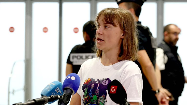 Greta Thunberg at the Paris-Charles de Gaulle Airport, in Roissy-en-France near Paris.
Pic: Reuters