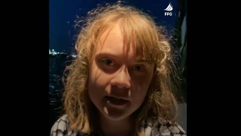 Greta Thunberg in a pre-recorded video, released after the Madleen was diverted to Israel. Pic: FFC