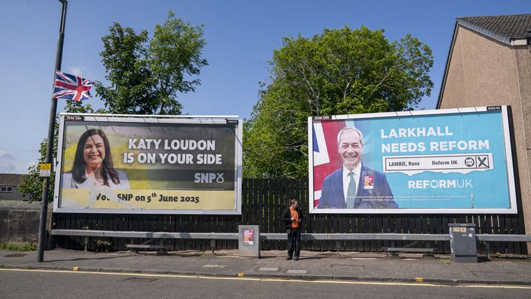 SNP and Reform UK election billboard posters in Larkhall, Lanarkshire, on the last day of campaigning for the Hamilton, Larkhall and Stoneho