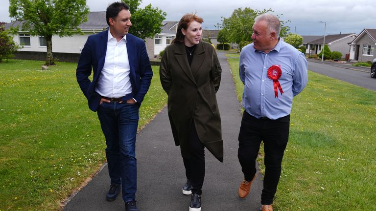 Deputy Prime Minister Angela Rayner with Scottish Labour leader Anas Sarwar and Labour party candidate Davy Russell during a walk about in Q