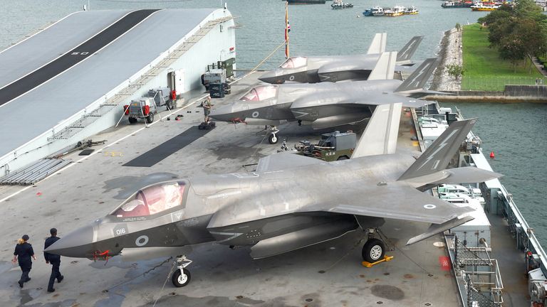 F-35B Lightning II fighter jets sit on the flight deck of HMS Prince of Wales.
Pic: Reuters