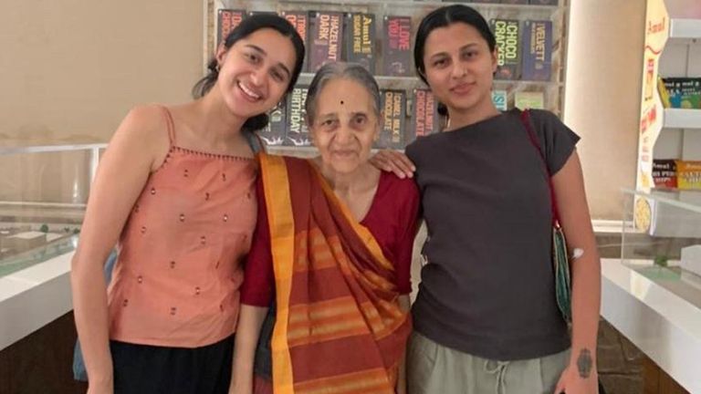 Heer (left) and Dhir Baxi, with their grandmother. Pic: Family handout/PA