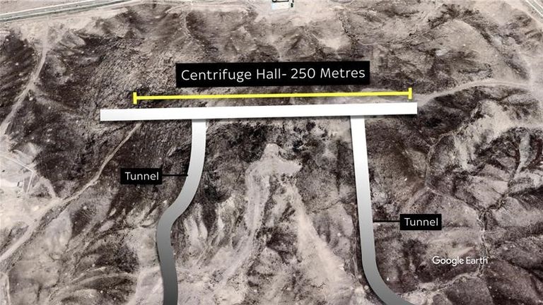 Blueprints of the Fordow Fuel Enrichment Plant show tunnels running through the mountain. Pic: Google Earth