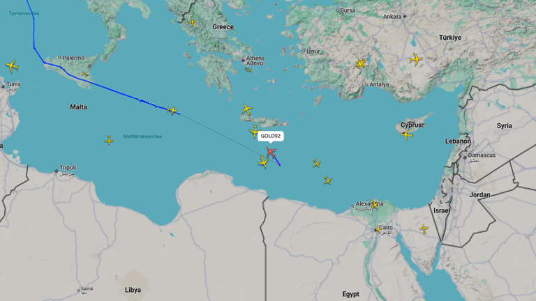 A Boeing KC-46A Pegasus primarily used for aerial refueling, is seen on tracking in the eastern Mediterranean. Pic: Flightradar24