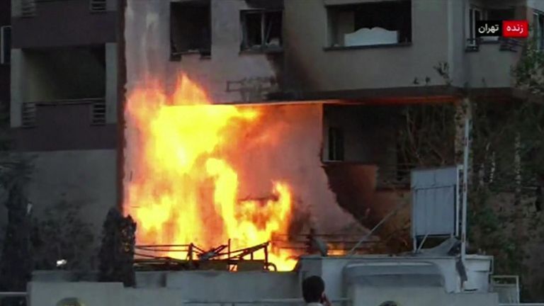 Iranian state TV showed what it says was bomb damage from the Israeli strikes. Pic: Iran state TV