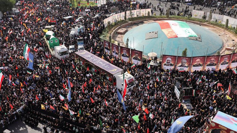 The funeral procession in Tehran of Iranian military commanders and nuclear scientists killed in Israeli strikes. Pic: Reuters