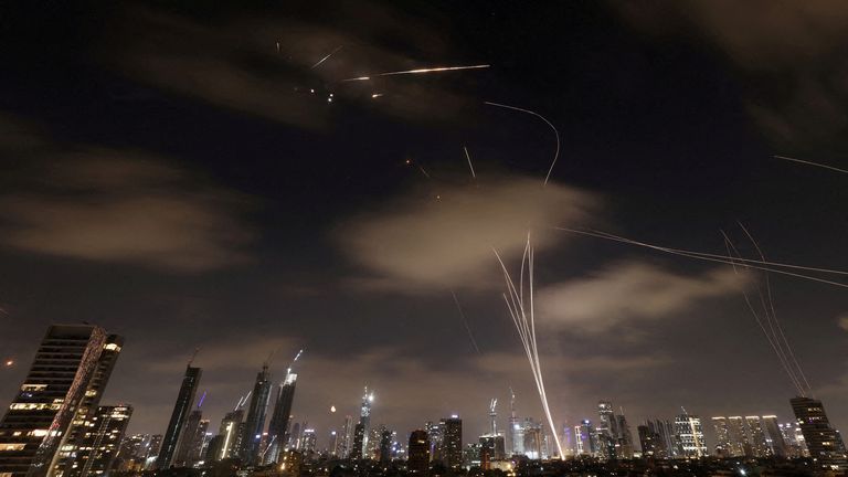 Missiles launched from Iran are intercepted as seen from Tel Aviv, Israel, June 18, 2025. REUTERS/Ronen Zvulun TPX IMAGES OF THE DAY