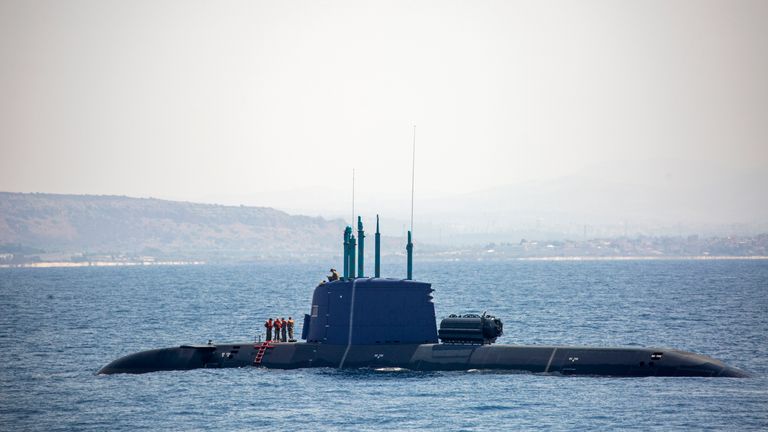 Israeli Navy a submarine docks near Israel's offshore Leviathan gas field during a rare tour in the Mediterranean Sea , Wednesday, Sept. 1, 2021. Israel...s navy has stepped up its activities in the Red Sea ...exponentially... in the face of growing Iranian threats to Israeli shipping, the country...s just-retired navy commander said in an interview.(AP Photo/Ariel Schalit)