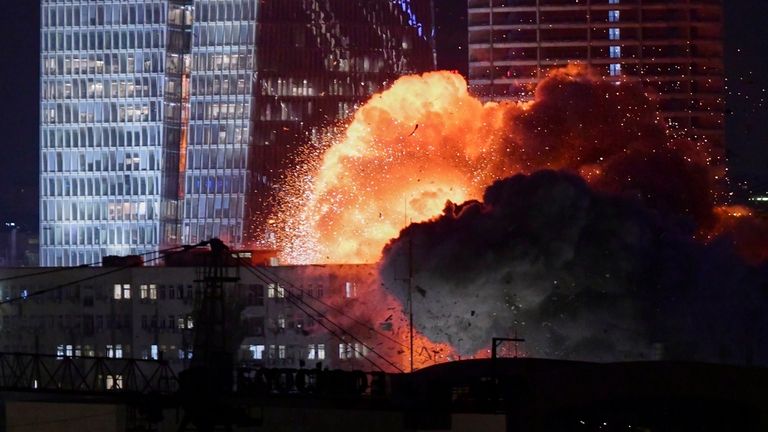 An explosion is seen during a missile attack in Tel Aviv, Israel, Friday, June 13, 2025. (AP Photo/Tomer Neuberg)


