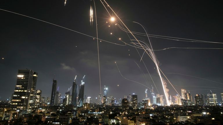 Israeli Iron Dome air defence system fires to intercept missiles over Tel Aviv, Israel, Friday, June 13, 2025. (AP Photo/Leo Correa)