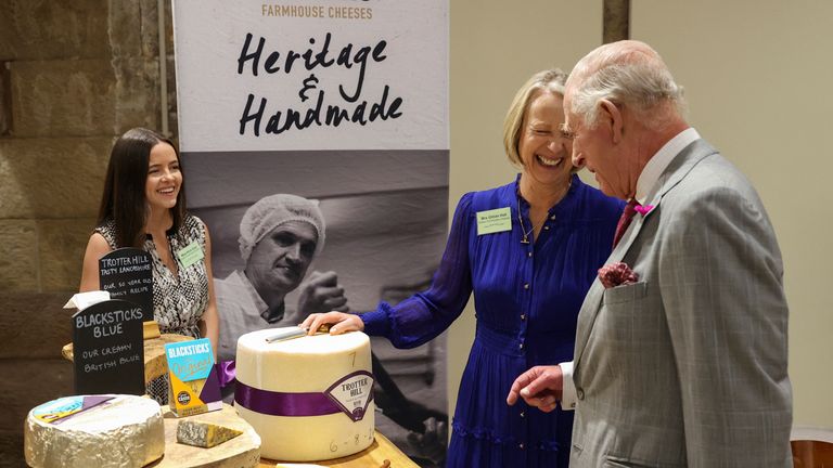 The King meets representatives from Butlers Farmhouse Cheeses. Pic: PA