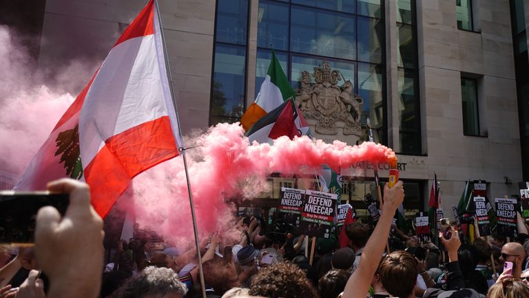 Supporters of Kneecap's Liam Og O Hannaidh outside Westminster Magistrates' Court in London