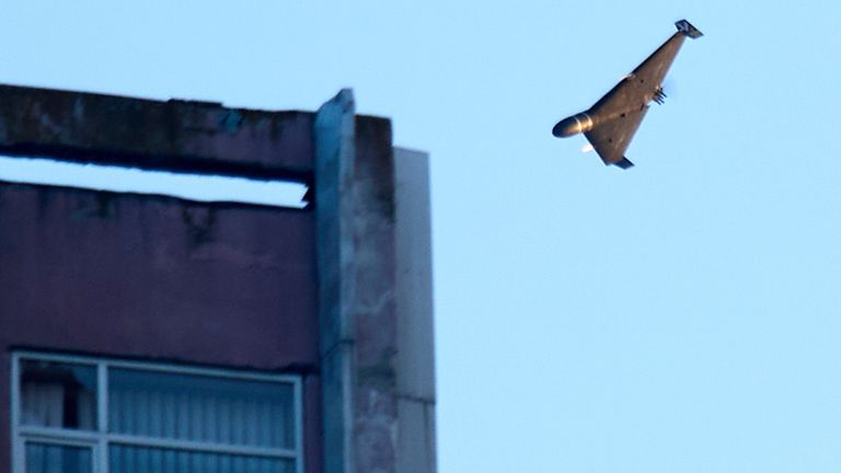 A Russian drone attacks a building during Russia's massive missile and drone air attack in Kyiv, Ukraine, Tuesday, June 17, 2025. (AP Photo/Efrem Lukatsky)
