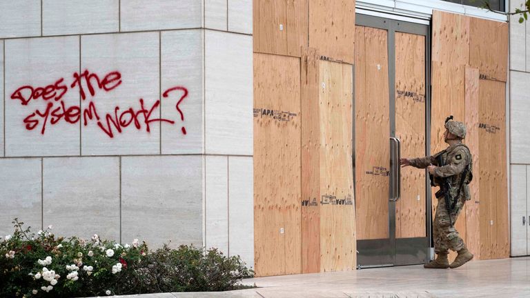 The Ronald Reagan Federal Building and Courthouse in Santa are boarded up. Pic: Mindy Schauer/The Orange County Register via AP