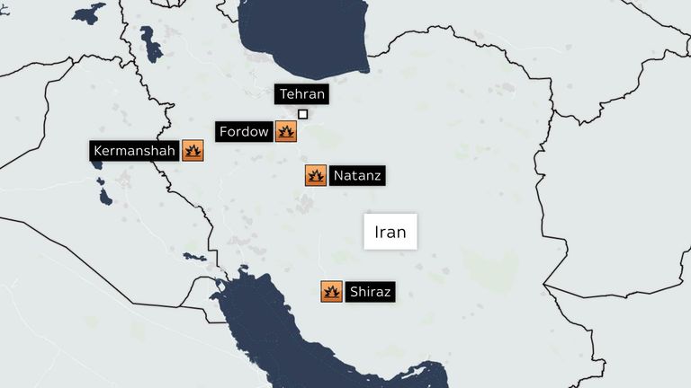 Map shows the nuclear and weapons facilities targeted by Israel