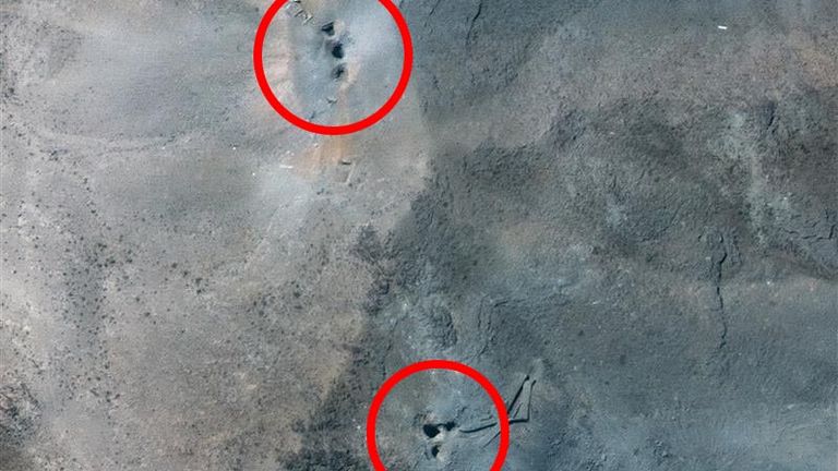 A satellite image showing two clusters of holes at the Fordow nuclear site in Iran following US strikes on the facility. Pic: Maxar