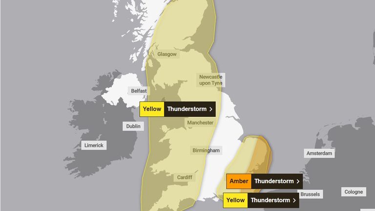 A less severe but far larger yellow warning is in place across much of the west and north east of Britain. Pic: Met Office