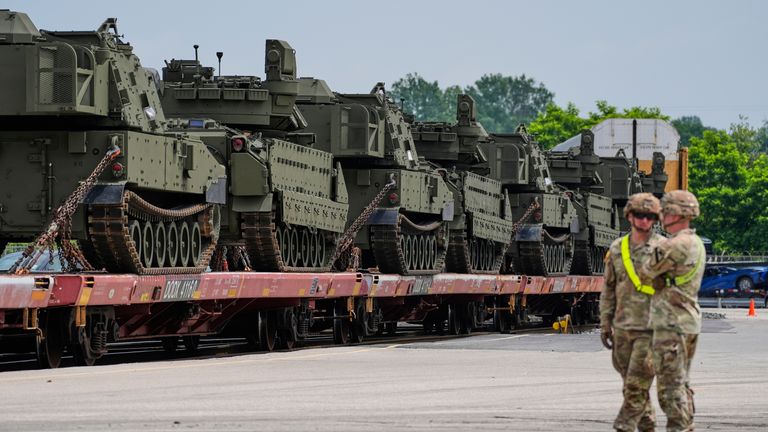 Military vehicles are being transported to Washington DC ahead of this weekend's parade. Pic: AP