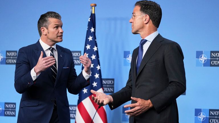 US Defence Secretary Pete Hegseth, (L) and NATO Secretary-General Mark Rutte at NATO headquarters in Brussels. Pic: AP