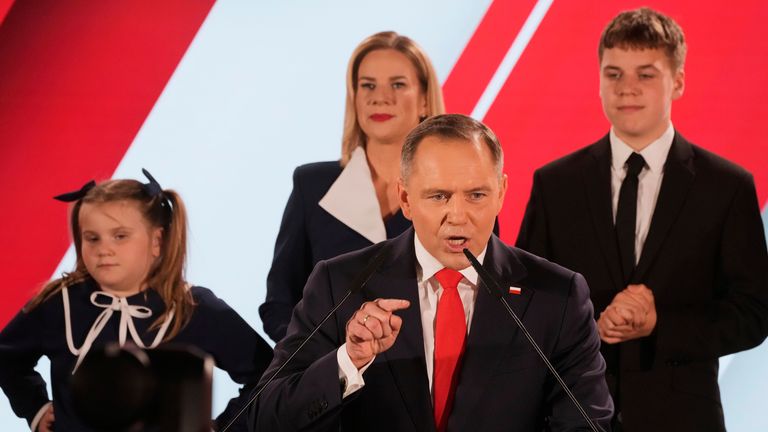 Presidential candidate Karol Nawrock addresses supporters at his headquarters after the presidential election runoff in Warsaw, June 1  