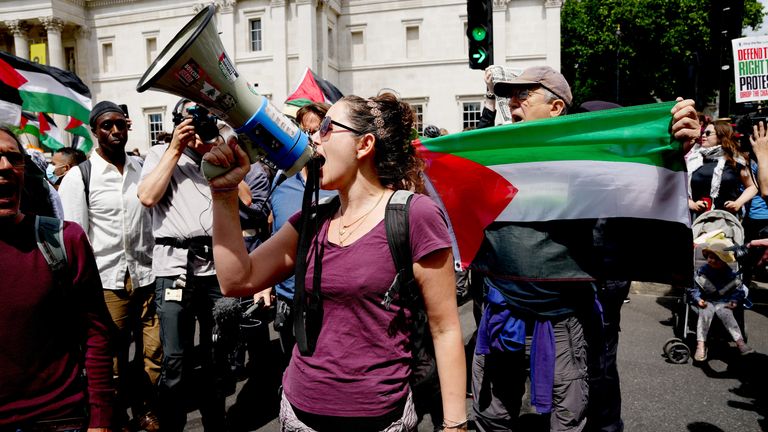People taking part in a demonstration at Trafalgar Square in London to support Palestine Action.
Pic: PA