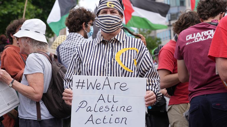 People take part in a demonstration at Trafalgar Square in London in support of Palestine Action. Pic: PA