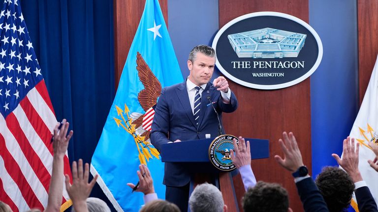 Defense Secretary Pete Hegseth calls on reporters for questions during a news conference at the Pentagon. Pic: AP