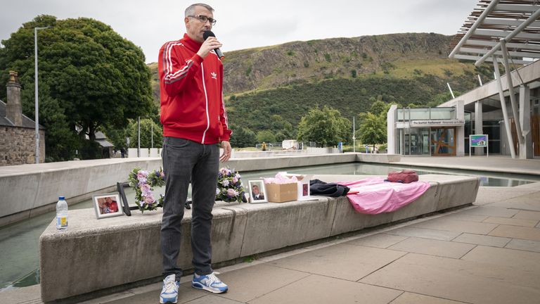 Peter Krykant speaks during a ceremony to mark International Overdose Awareness Day outside the Scottish Parliament, Edinburgh. Picture date
