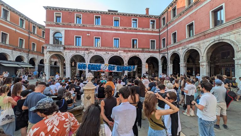 No Space For Bezos protesters gather in Venice. Pic: Federica Toninelli
