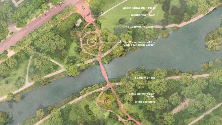 St James's Park ve Mall'a planlanan eklemelerin hava haritası. Pic: PA/Kabine Ofisi