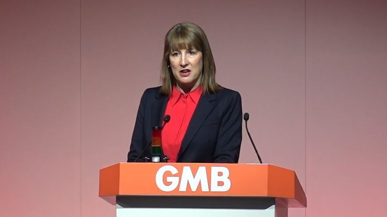 Rachel Reeves making a keynote speech to the GMB Union Congress in Brighton.
Pic: PA