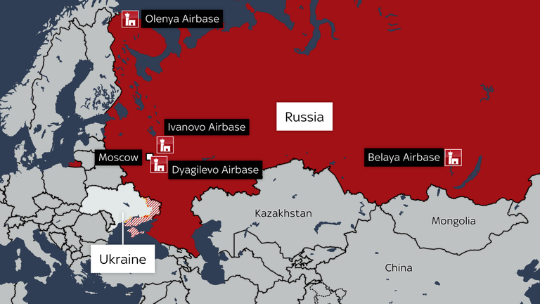 A map showing the location of the Russian airbases targeted in drone strikes by Ukraine