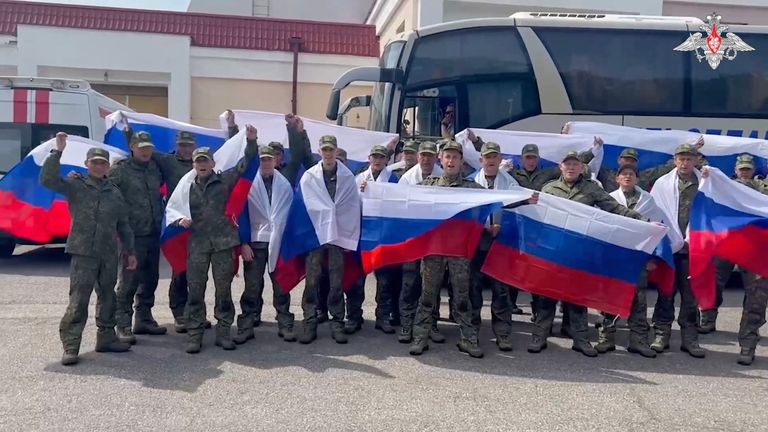 Russian troops captured by Ukraine and released during the latest exchange of prisoners of war. Pic: Russian Defence Ministry / Reuters