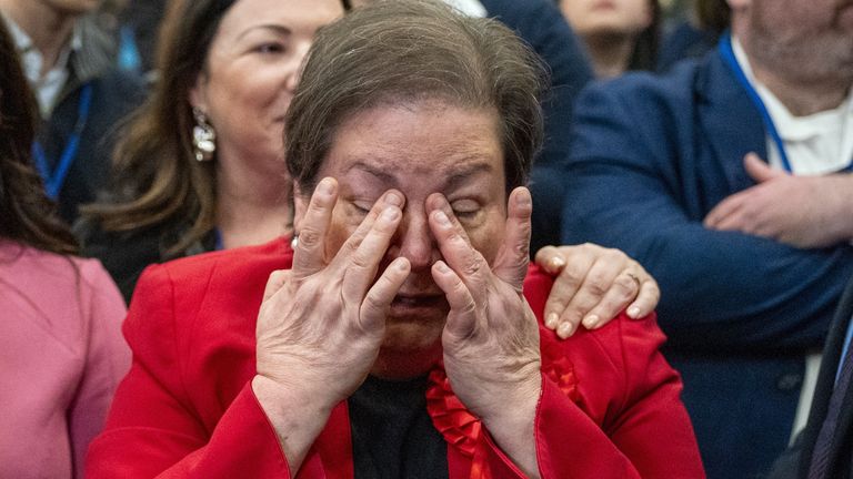 Scottish Labour's deputy leader Jackie Baillie cries after Davy Russell is declared winner for the Hamilton, Larkhall and Stonehouse by-elec