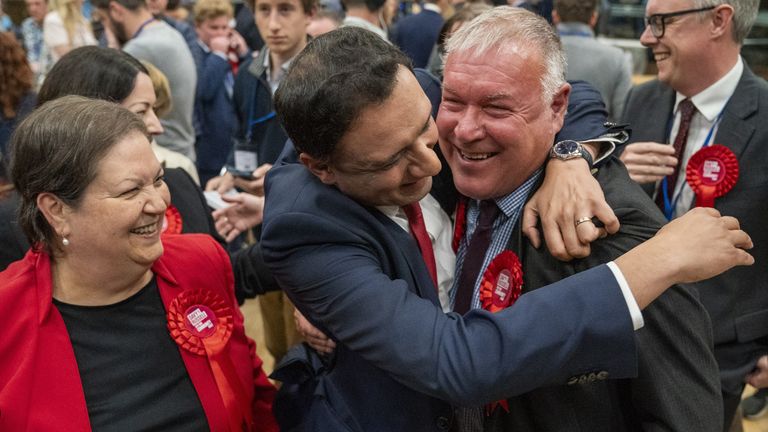 Scottish Labour Party's Davy Russell (right) celebrates with leader Anas Sarwar (centre) and deputy leader Jackie Baillie (left) after being