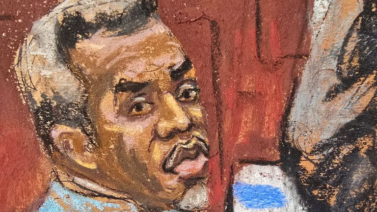 Sean "Diddy" Combs listens as Assistant U.S. Attorney Meredith Foster questions Ananya Sankar during his sex trafficking trial