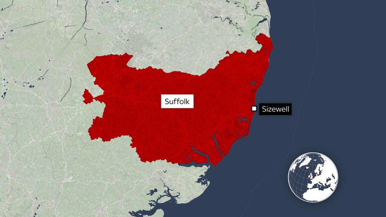 A map shows Sizewell in Suffolk in the east of England