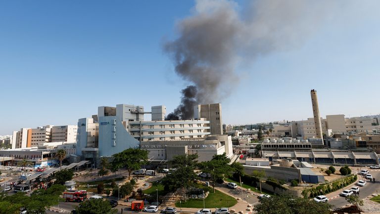 Smoke rises from Soroka Medical Centre following a missile strike from Iran on Israel, in Be'er Sheva.
Pic: Reuters