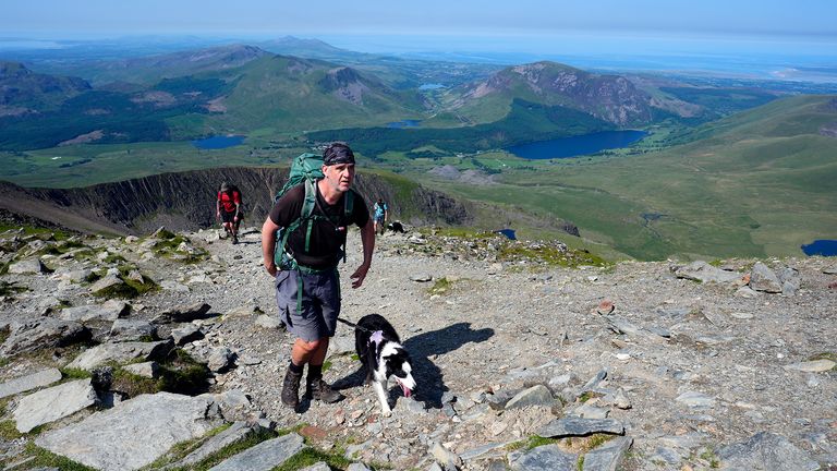 I osoba spacerująca z psa do Snowdon w Snowdonia w Walii. PIC: Który