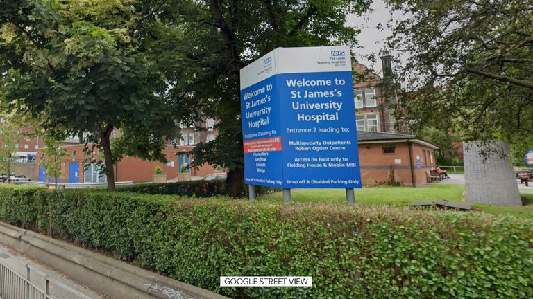Google Street View of a welcome sign for St James's University Hospital in Leeds