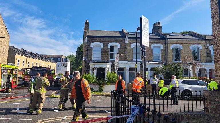 Emergency services near to the scene of a suspected gas explosion in Stoke Newington.
Pic: PA