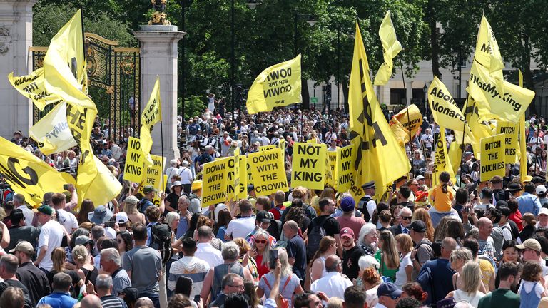 Not everyone was in support of the event, with anti-monarchy protesters flying flags and banners. Pic: Reuters