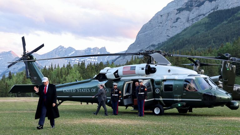 President Trump arrived at the Rocky Mountain resort on Marine One. Pic: Reuters